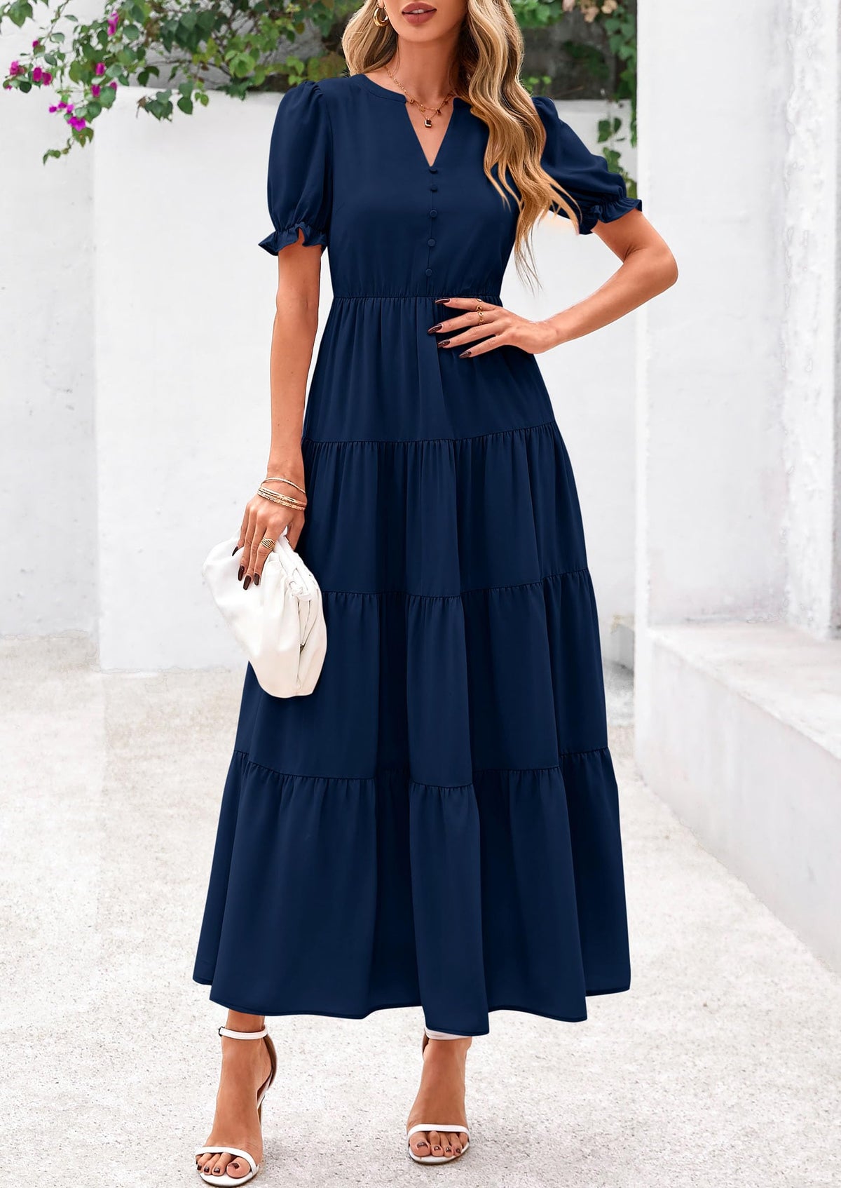 Casual Short Sleeve V Neck Tiered Flowy Beach Vacation Maxi Dress with Pockets