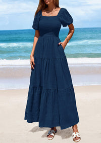 Puff Short Sleeve Square Neck Smocked Tiered Ruffle A Line Flowy Beach Maxi Dresses