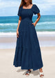 Puff Short Sleeve Square Neck Smocked Tiered Ruffle A Line Flowy Beach Maxi Dresses