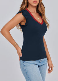 V Neck Ruffle Sleeveless Slim Fit Casual T-shirts