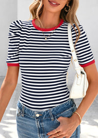Puff Sleeve Casual Ribbed Knit Color Block Striped Pullover T-shirts