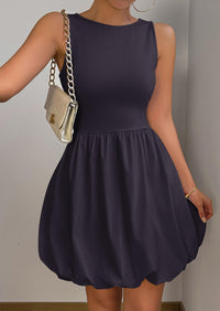 Casual Sleeveless Tank Mini Short Dress Crew Neck Bubble Dress with Pockets