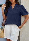 PRETTYGARDEN Womens Casual Summer Tops V Neck Short Puff Sleeve Pleated Cotton T Shirts Loose Dressy Blouses