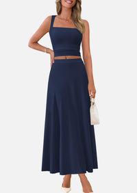Crop Tank Top Flowy Midi Skirts Ribbed Knit Casual Two Piece Skirt Set