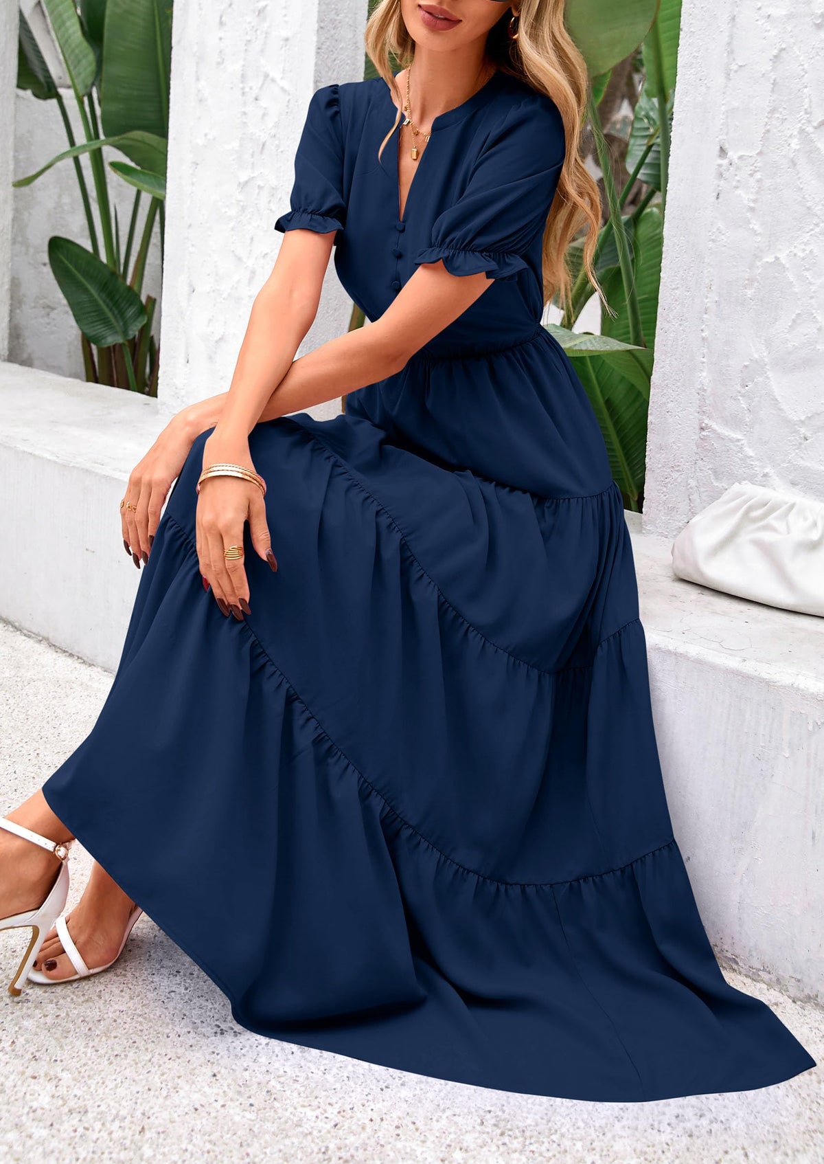 Casual Short Sleeve V Neck Tiered Flowy Beach Vacation Maxi Dress with Pockets