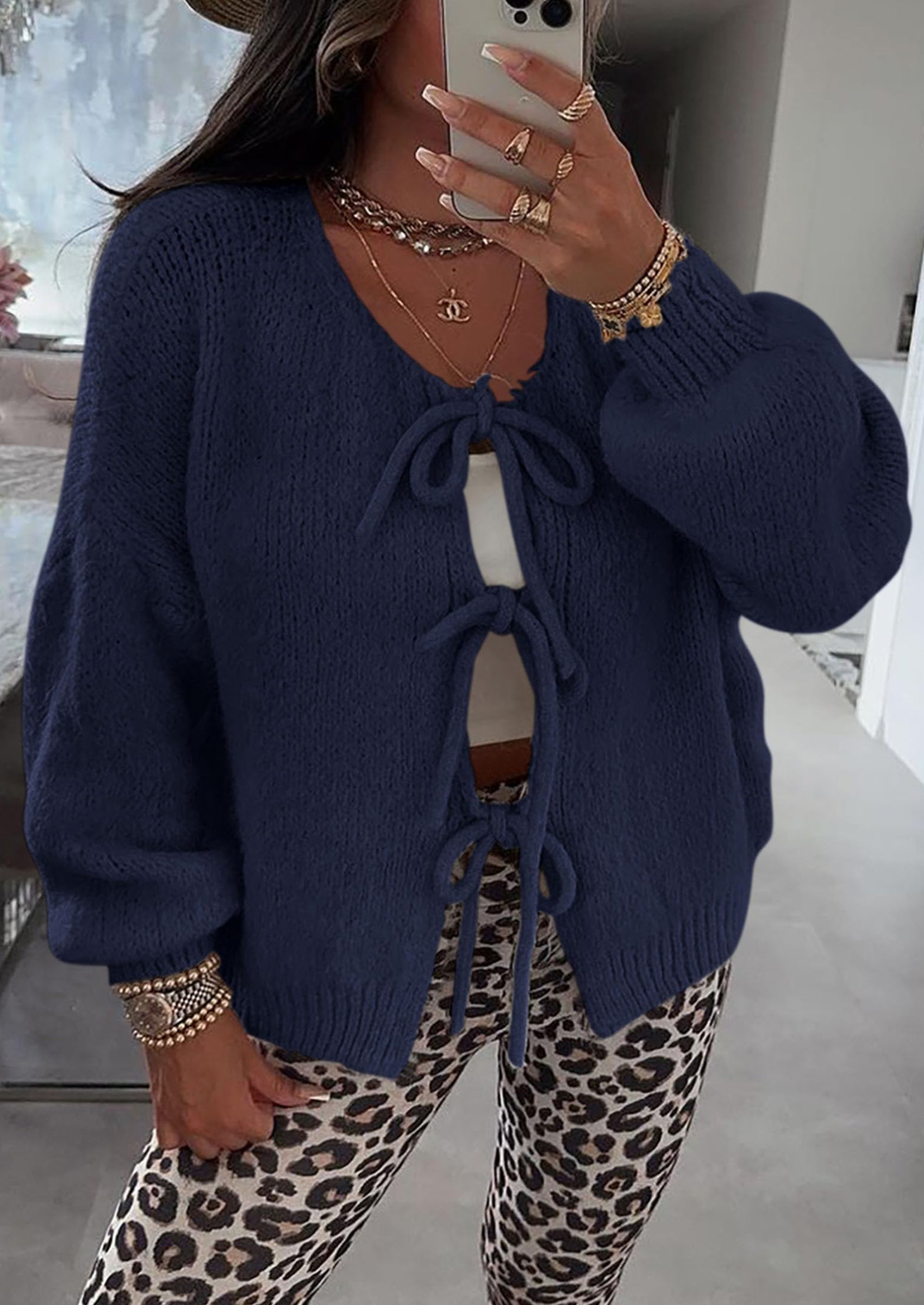 PRETTYGARDEN Women's Tie Front Bow Cardigan Sweaters Chunky Knit Long Puff Sleeve Trendy Fall Winter Jacket Coats