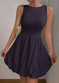 Casual Sleeveless Tank Mini Short Dress Crew Neck Bubble Dress with Pockets