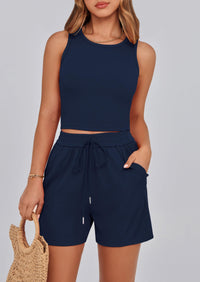 Solid Color Casual Sleeveless Two Piece Sets