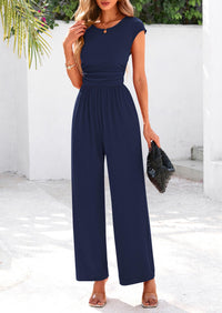 Dressy Ribbed Cap Sleeve Wide Leg Pants Elegant Casual Jumpsuits
