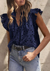 PRETTYGARDEN Womens Summer Tops 2025 Dressy Casual Ruffle Cap Sleeve Button V Neck Embroidered Eyelet Blouses Shirts
