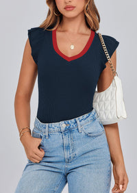 V Neck Ruffle Sleeveless Slim Fit Casual T-shirts
