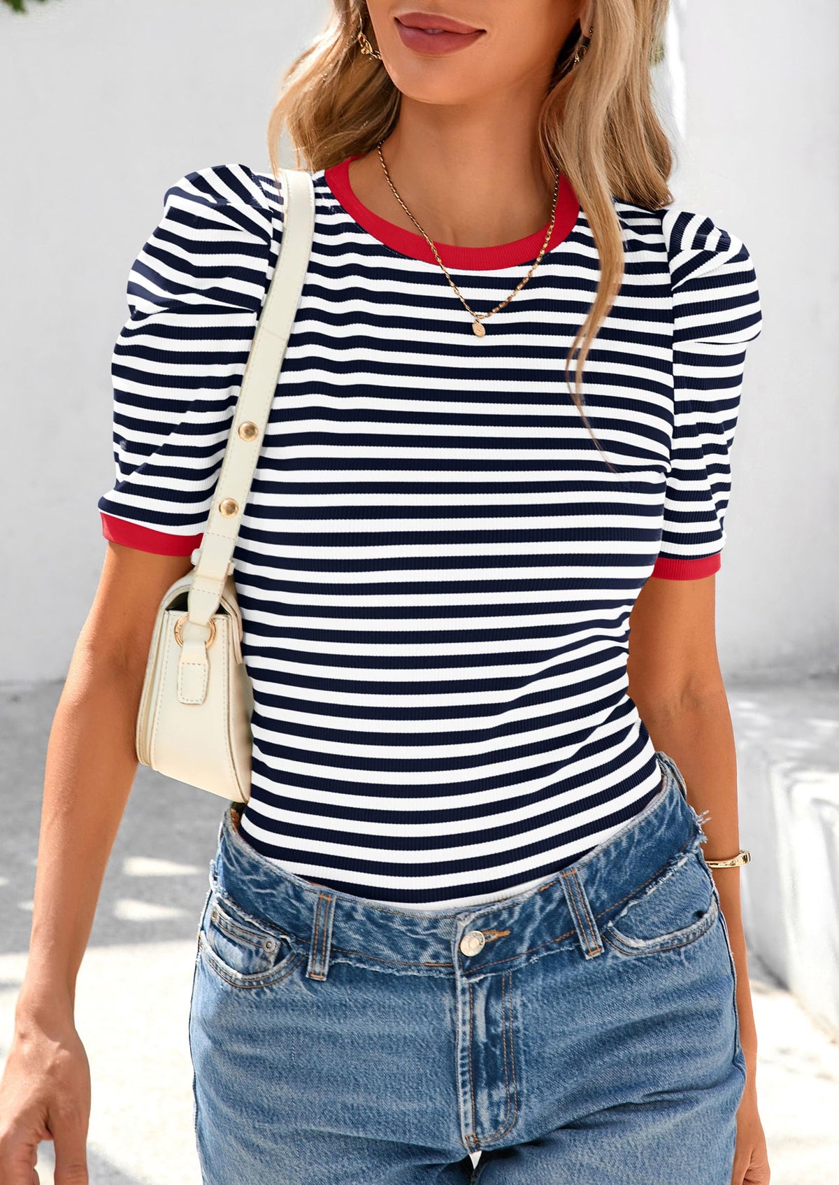 Puff Sleeve Casual Ribbed Knit Color Block Striped Pullover T-shirts