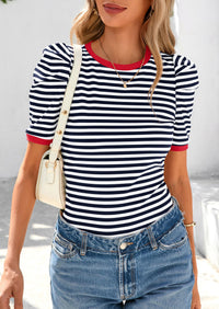 Puff Sleeve Casual Ribbed Knit Color Block Striped Pullover T-shirts