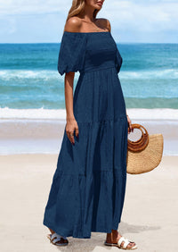 Puff Short Sleeve Square Neck Smocked Tiered Ruffle A Line Flowy Beach Maxi Dresses