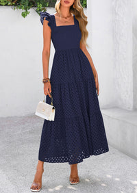 Square Neck Cap Sleeve Eyelet Smocked Tiered A Line Maxi Dresses with Pockets