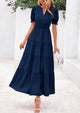 Casual Short Sleeve V Neck Tiered Flowy Beach Vacation Maxi Dress with Pockets