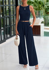 PRETTYGARDEN Two Piece Sets Ribbed Knit Crew Neck Sleeveless Tank Tops Wide Leg Pants Casual Lounge Set