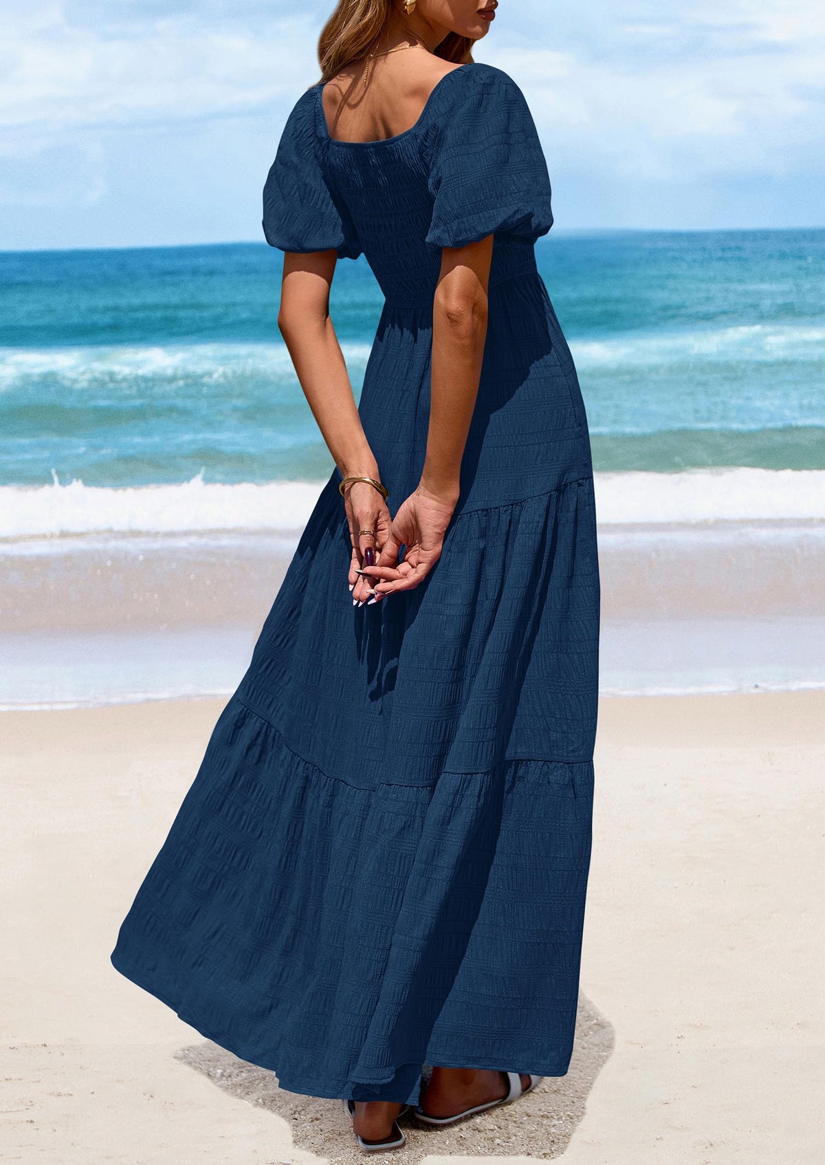Puff Short Sleeve Square Neck Smocked Tiered Ruffle A Line Flowy Beach Maxi Dresses