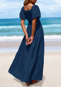 Puff Short Sleeve Square Neck Smocked Tiered Ruffle A Line Flowy Beach Maxi Dresses