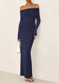 Off The Shoulder Bodycon Long Sleeve Mesh Maxi Dress