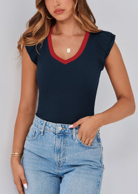 V Neck Ruffle Sleeveless Slim Fit Casual T-shirts