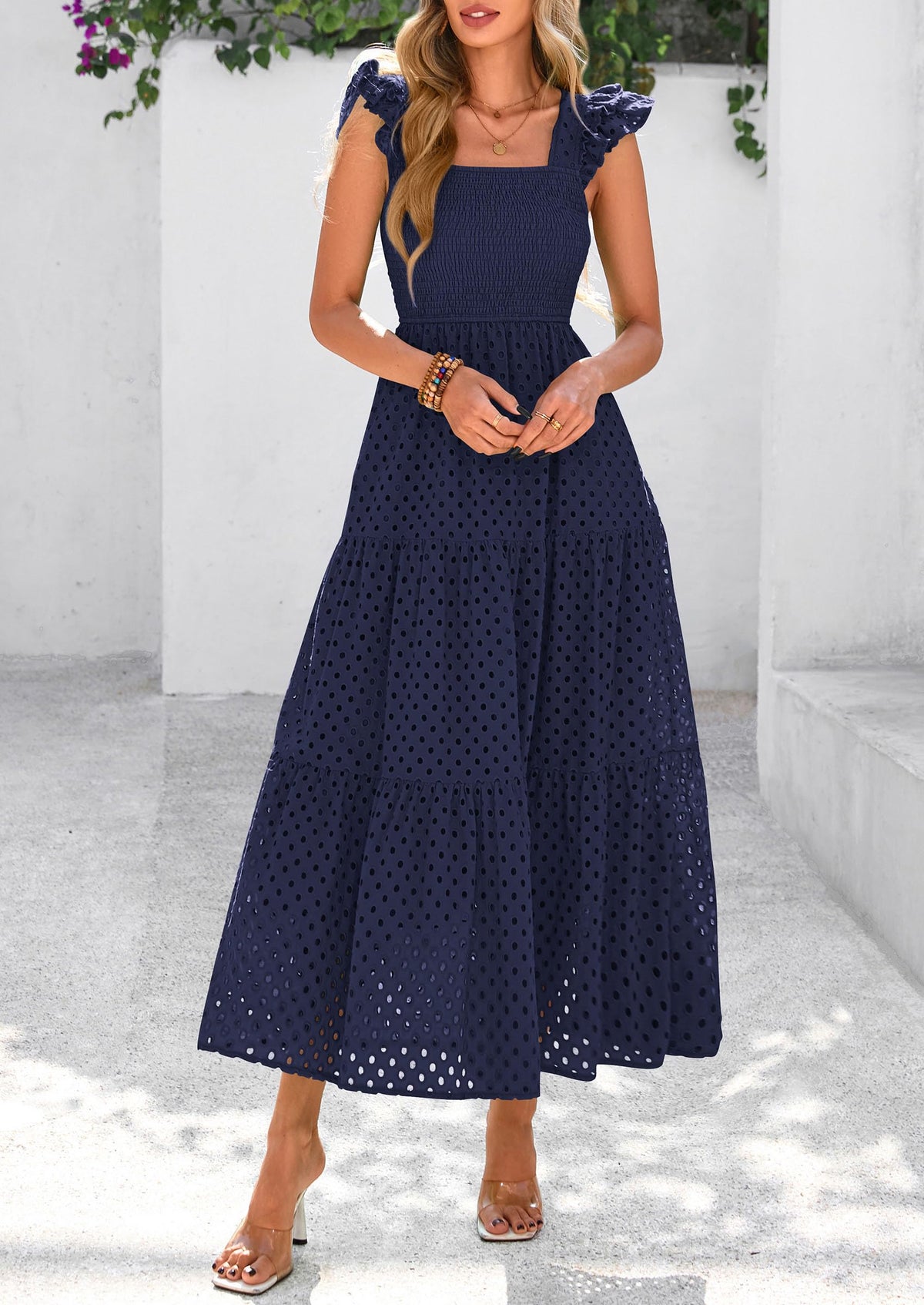 Square Neck Cap Sleeve Eyelet Smocked Tiered A Line Maxi Dresses with Pockets