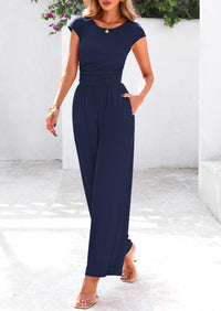 Dressy Ribbed Cap Sleeve Wide Leg Pants Elegant Casual Jumpsuits