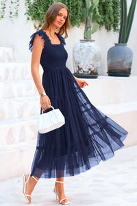 Casual Sleeveless Smocked Ruffle Tulle Flowy Beach Sundress