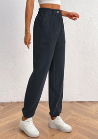 Elastic High Waisted Work Office Corduroy Casual Pants with Pockets