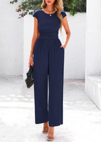 Dressy Ribbed Cap Sleeve Wide Leg Pants Elegant Casual Jumpsuits