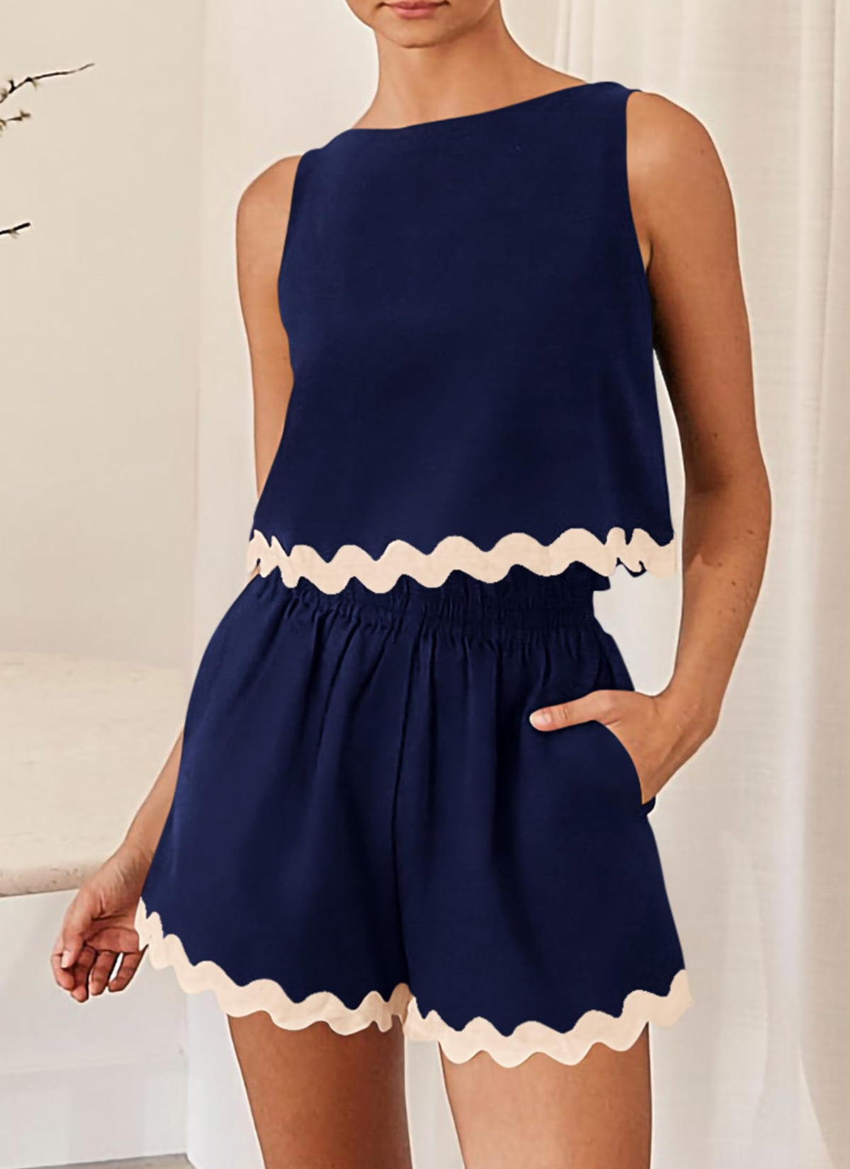 Beach Vacation Cropped Tank Top High Waist Shorts Two Piece Set