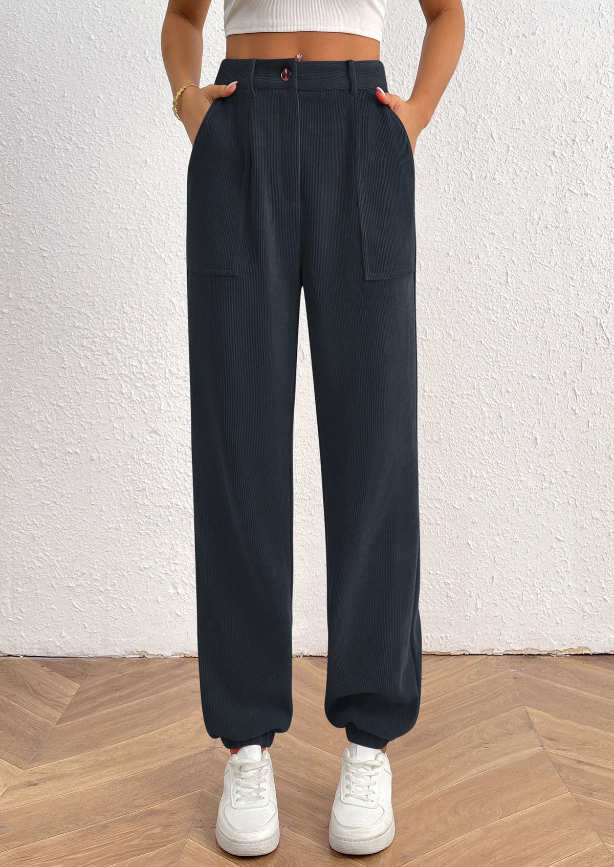 Elastic High Waisted Work Office Corduroy Casual Pants with Pockets