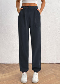 Elastic High Waisted Work Office Corduroy Casual Pants with Pockets