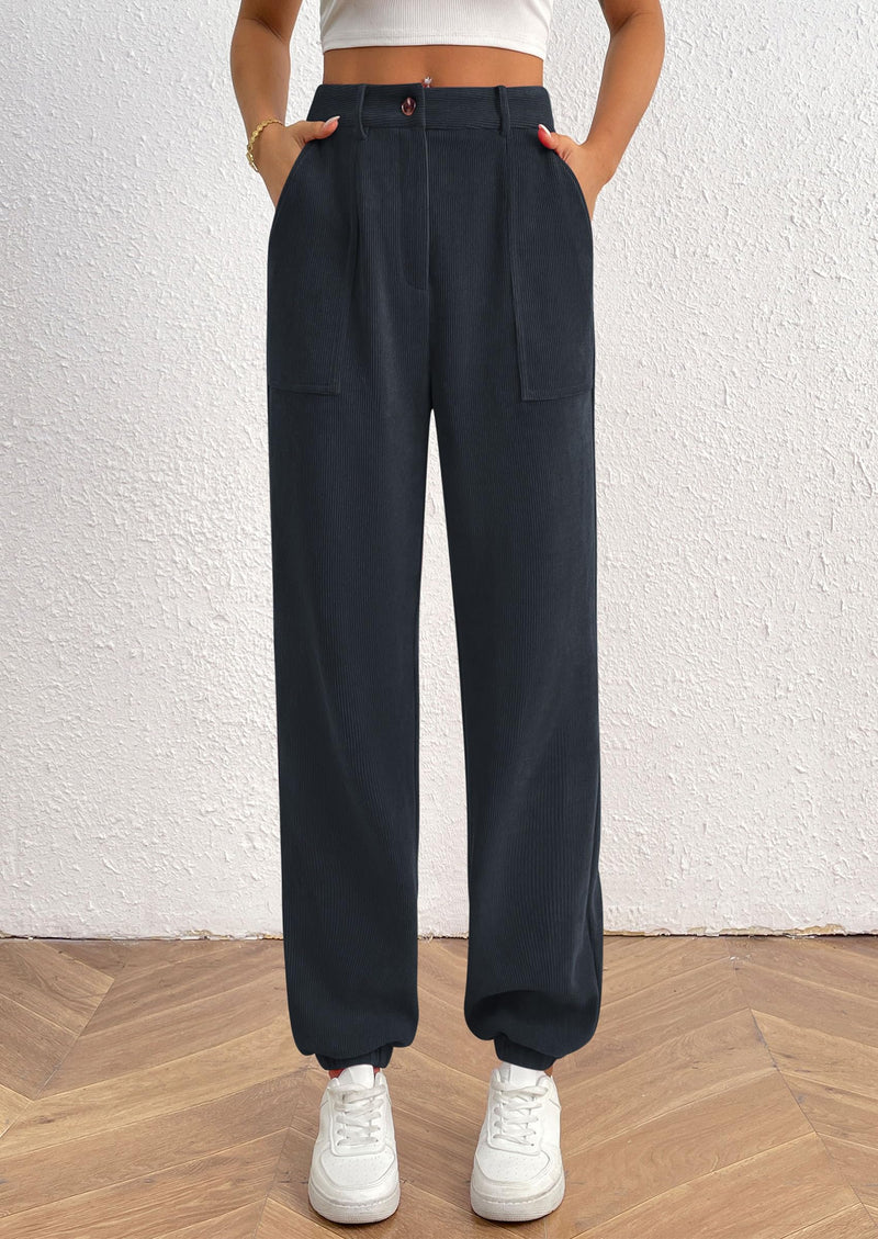 Elastic High Waisted Work Office Corduroy Casual Pants with Pockets