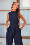 PRETTYGARDEN Womens Summer Jumpsuits Dressy Casual One Piece Outfits Sleeveless Mock Neck Wide Leg Pants Rompers with Pockets