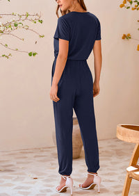 Deep V Neck Wrap Drawstring Waist Jumpsuits