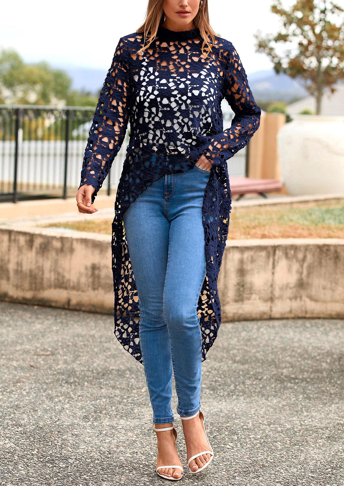 Long Sleeve Round Neck High Low Asymmetrical Irregular Hem Casual Blouse