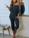 PRETTYGARDEN Women's 2 Piece Ribbed Tracksuit Outfits Off Shoulder Long Sleeve Pullover Lounge Pants with Pockets