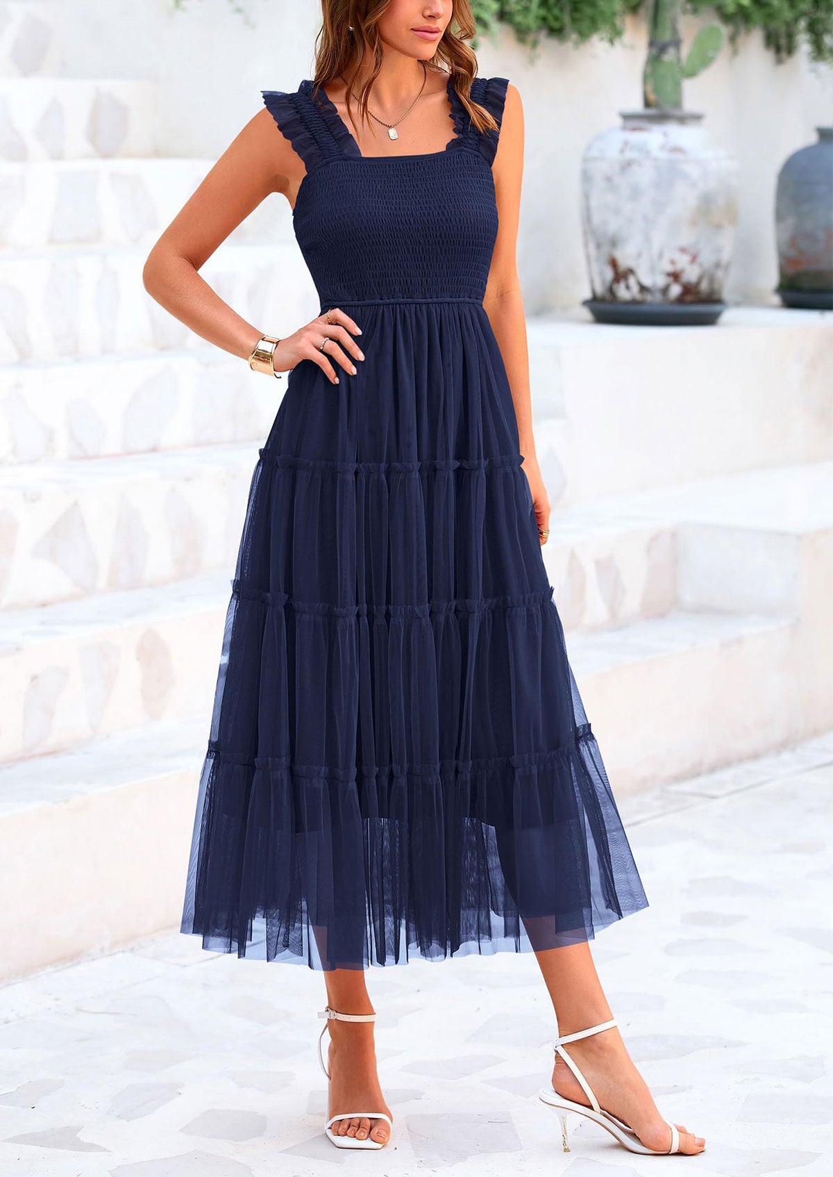 Casual Sleeveless Smocked Ruffle Tulle Flowy Beach Sundress