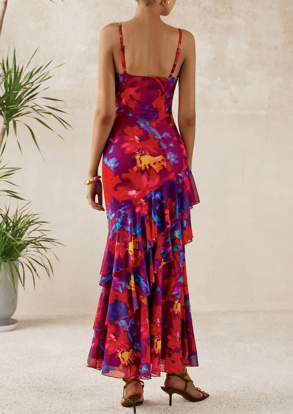 Tiered Floral Beach Spaghetti Strap Maxi Dresses
