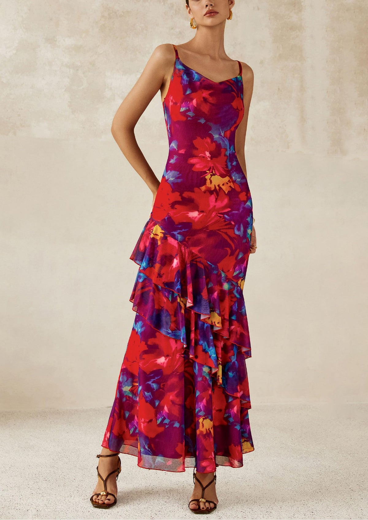 Tiered Floral Beach Spaghetti Strap Maxi Dresses
