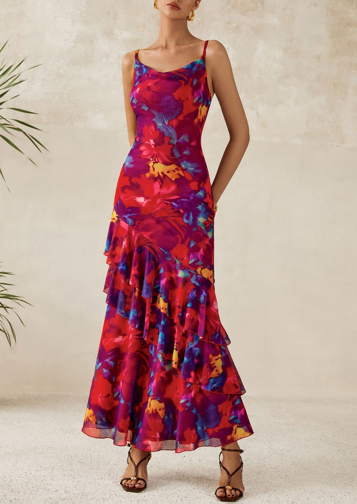 Tiered Floral Beach Spaghetti Strap Maxi Dresses