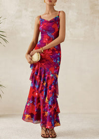 Tiered Floral Beach Spaghetti Strap Maxi Dresses