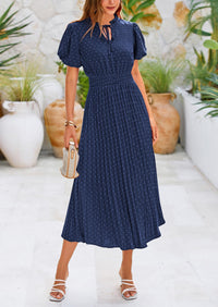 Swiss Dot Pleated A Line Casual Flowy Party Midi Dress
