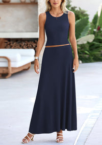 Casual Knit Cropped Tank Top High Waisted Skirt 2 Piece Sets