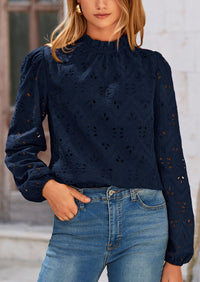Casual Embroidered Long Puff Sleeve Ruffle Eyelet Lace Blouses