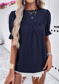 Casual Crew Neck Ruffle Short Sleeve Eyelet Babydoll Blouse