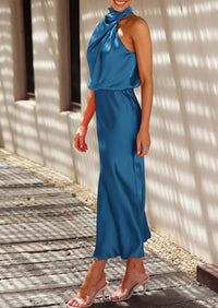 Satin sleeveless stand up collar party long dress