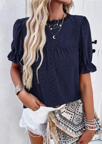 Casual Crew Neck Ruffle Short Sleeve Eyelet Babydoll Blouse
