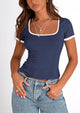 Casual Short Sleeve Ribbed Knit Square Neck Color Block Slim Fit Basic Crop T-shirts